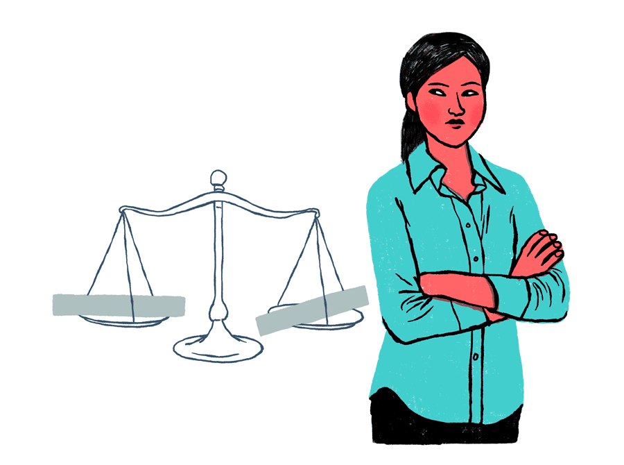 Woman with arms crossed secretly tipping scales behind her
